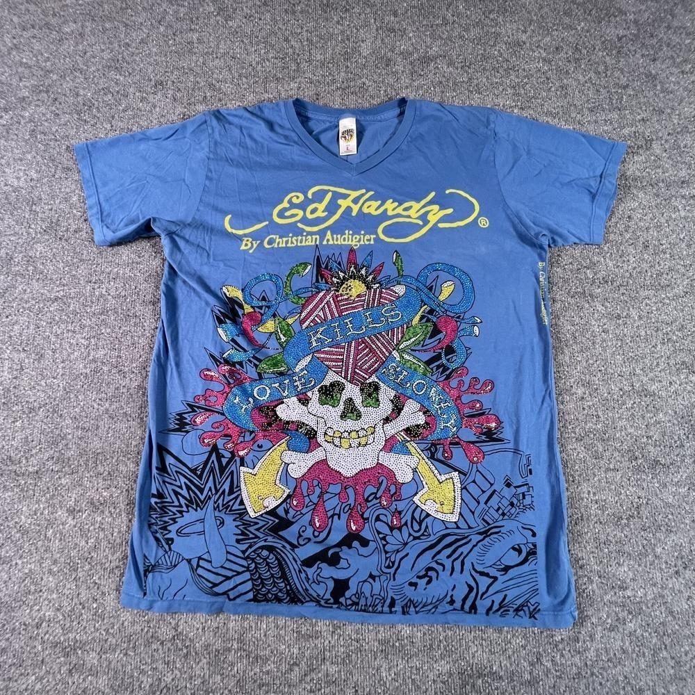 Vintage Ed Hardy Christian Audigier T-Shirt Mens L Blue Skull Y2K Rhinestone